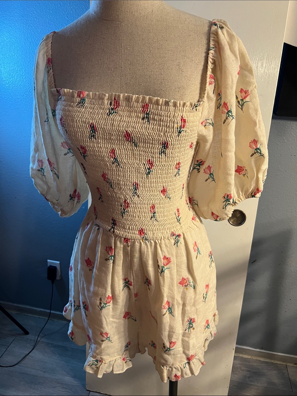 Women’s Cream Floral Smocked Romper with Puff Sleeves